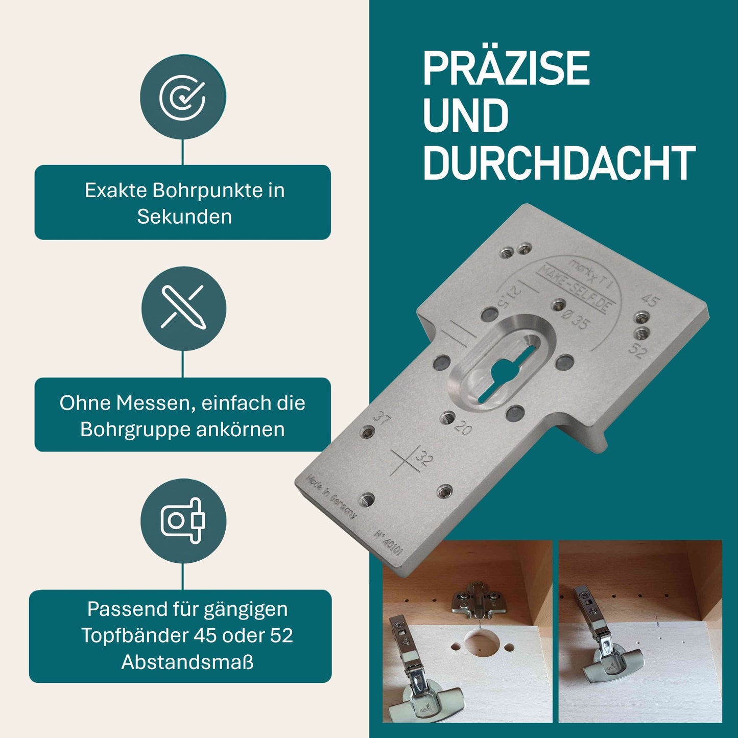 Ankörnlehre / Bohrlehre für aufschlagende Topfbänder – robuste Körnerlehre aus Aluminium