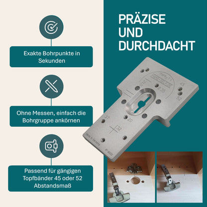 Ankörnlehre / Bohrlehre für aufschlagende Topfbänder – robuste Körnerlehre aus Aluminium