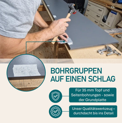 Ankörnlehre / Bohrlehre für aufschlagende Topfbänder – robuste Körnerlehre aus Aluminium