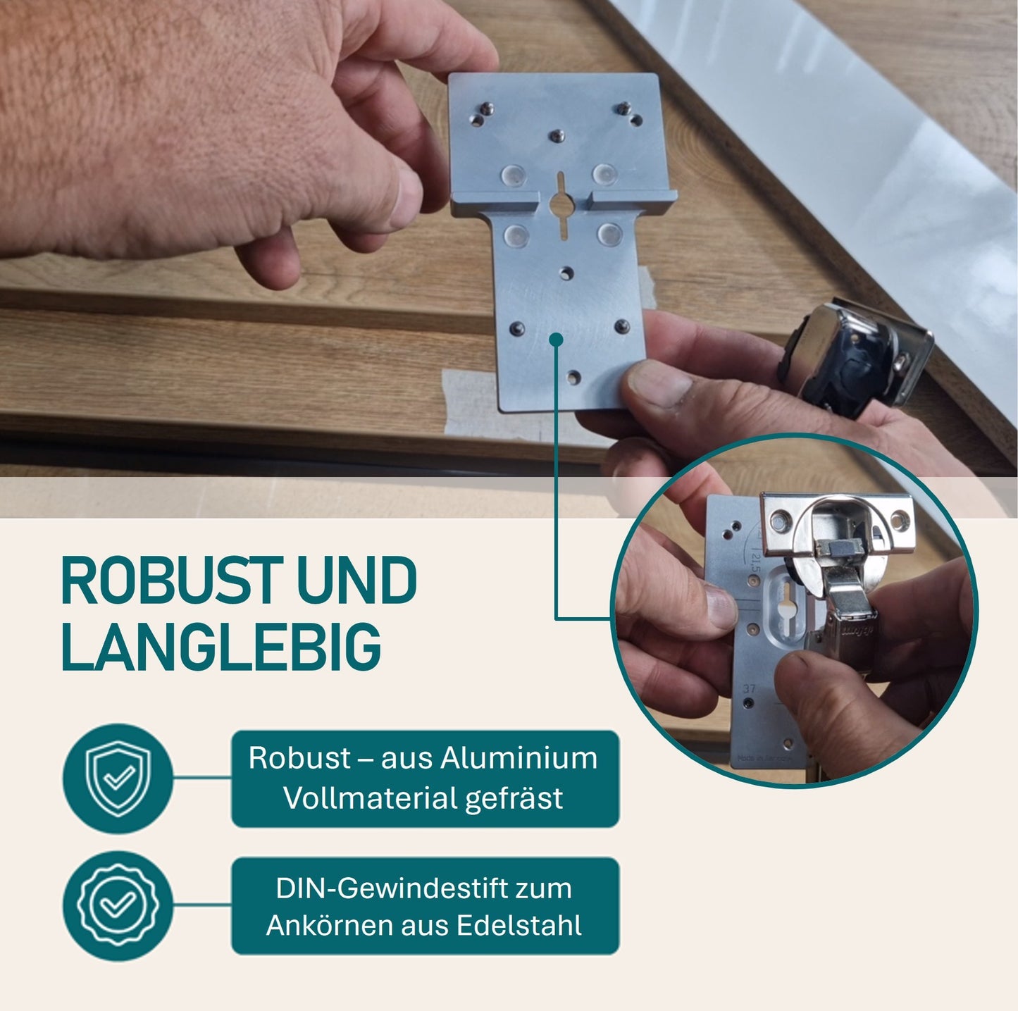 Ankörnlehre / Bohrlehre für aufschlagende Topfbänder – robuste Körnerlehre aus Aluminium