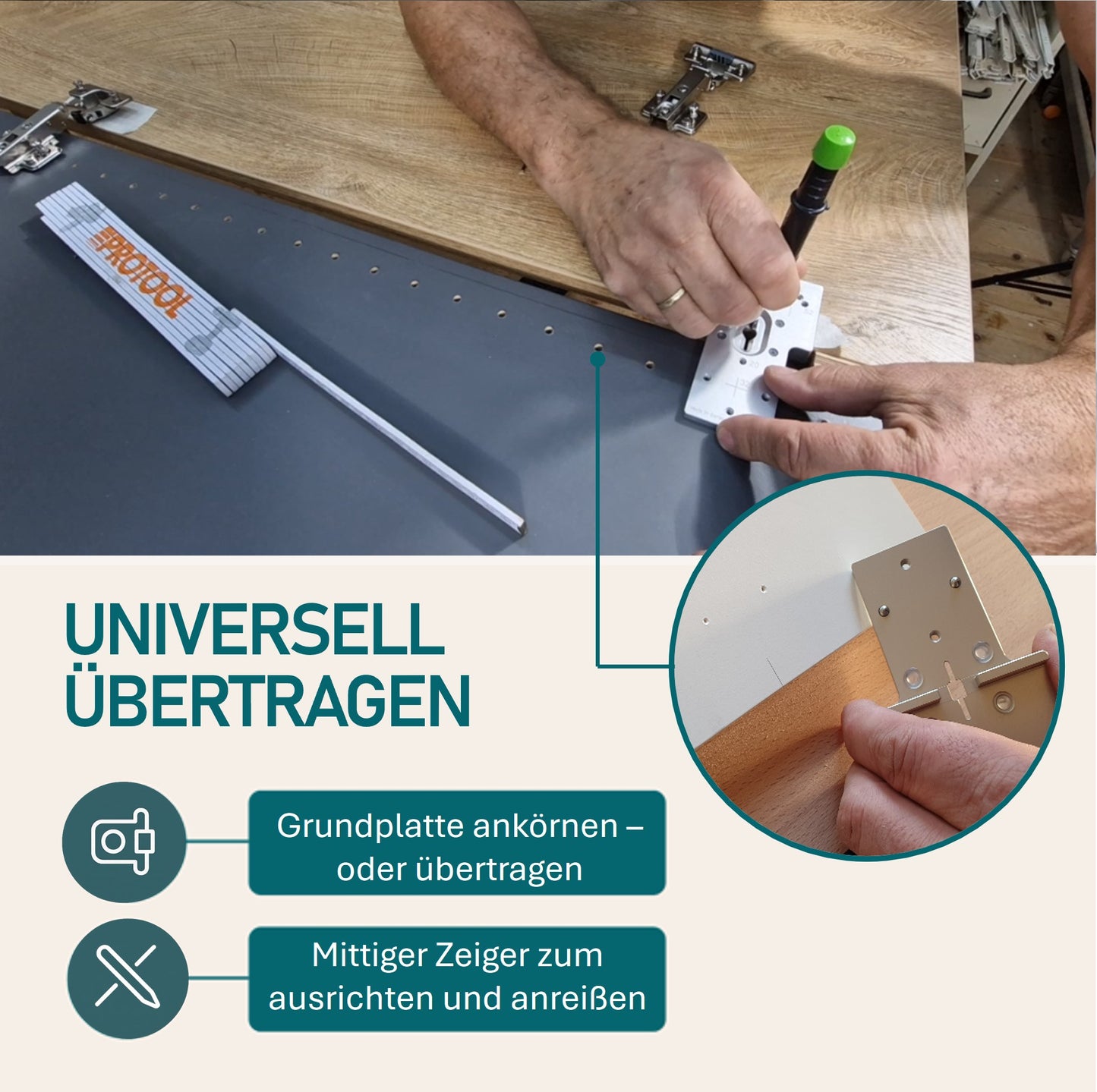 Ankörnlehre / Bohrlehre für aufschlagende Topfbänder – robuste Körnerlehre aus Aluminium