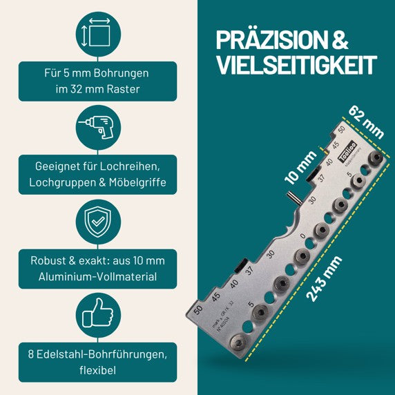 Bohrlehre 32mm Abstandsmaß | Präzisions-Bohrschablone für Lochreihen & Bohrgruppen | 5mm Bohrdurchmesser (0-224mm)