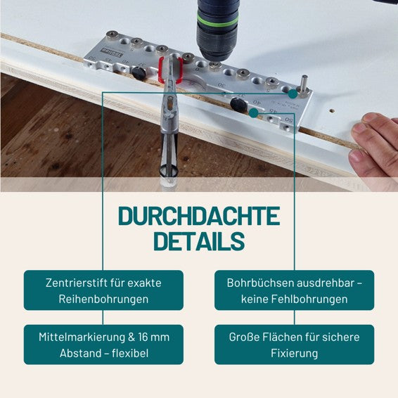 Bohrlehre 32mm Abstandsmaß | Präzisions-Bohrschablone für Lochreihen & Bohrgruppen | 5mm Bohrdurchmesser (0-224mm)