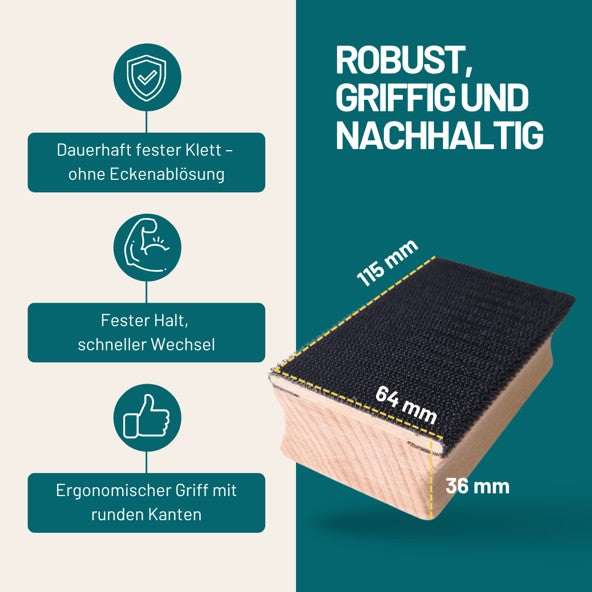 Handschleifklotz mit Klett-Verschluss 115x64x36 mm | Schleifblock aus Buchenholz | Für Klett-Schleifpapier | Ergonomisch & langlebig
