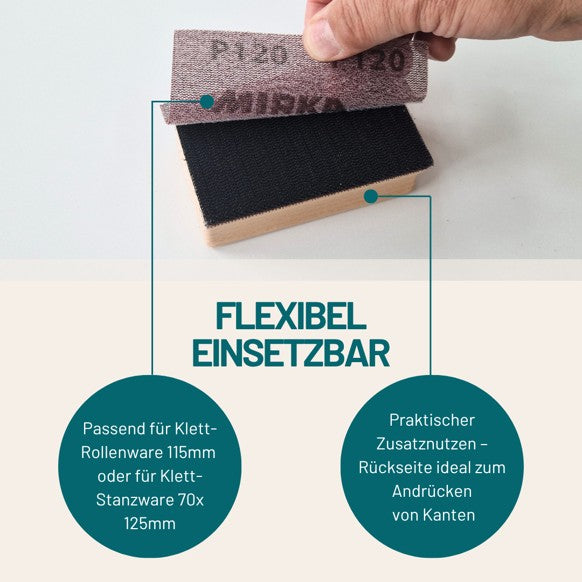Handschleifklotz mit Klett-Verschluss 115x64x36 mm | Schleifblock aus Buchenholz | Für Klett-Schleifpapier | Ergonomisch & langlebig