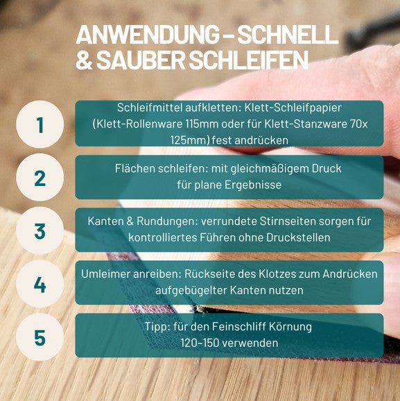 Handschleifklotz mit Klett-Verschluss 115x64x36 mm | Schleifblock aus Buchenholz | Für Klett-Schleifpapier | Ergonomisch & langlebig