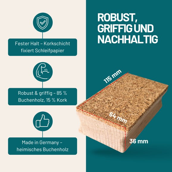 Schleifklotz 115x64x36 mm | Hand-Schleifblock aus Buchenholz mit Korkauflage | Für handelsübliches Schleifpapier (Bogen oder Rollenware) | Ergonomischer Holz-Schleifklotz