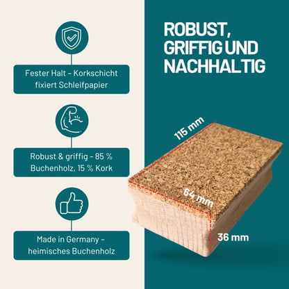 Schleifklotz 115x64x36 mm | Hand-Schleifblock aus Buchenholz mit Korkauflage | Für handelsübliches Schleifpapier (Bogen oder Rollenware) | Ergonomischer Holz-Schleifklotz