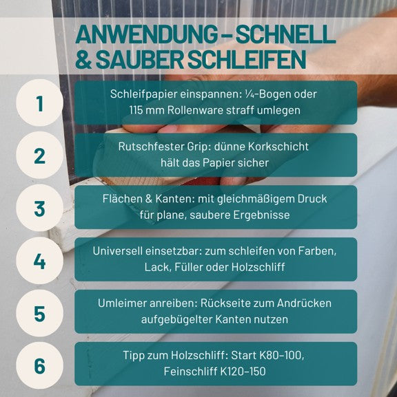 Schleifklotz 115x64x36 mm | Hand-Schleifblock aus Buchenholz mit Korkauflage | Für handelsübliches Schleifpapier (Bogen oder Rollenware) | Ergonomischer Holz-Schleifklotz